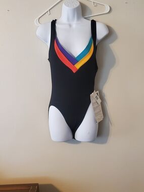 Gilda Marx Black One-Piece Swimsuit with Teal, Purple, Yellow and Red V-Trim